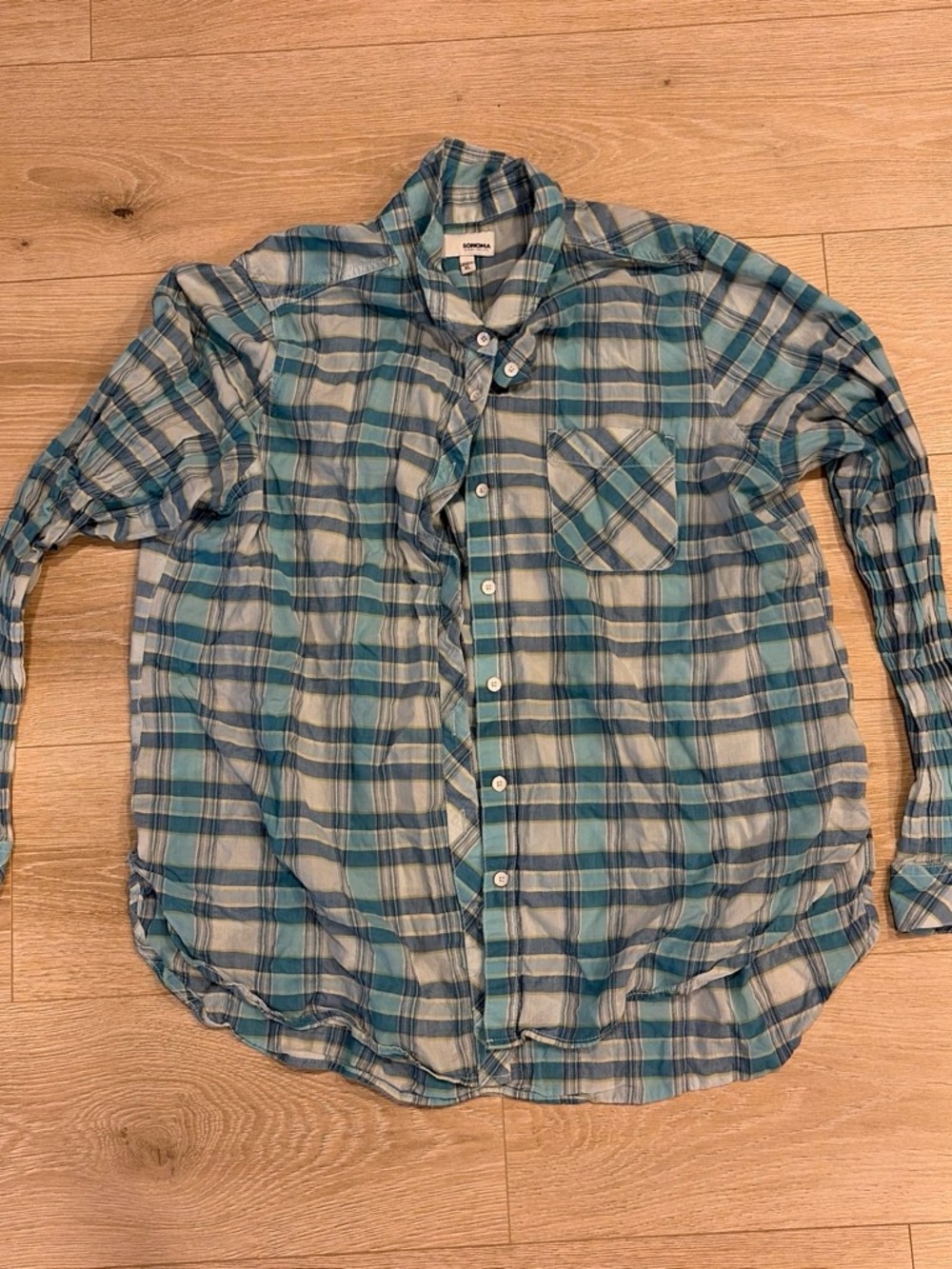 Sonoma Teal and Blue Plaid Button-Down Shirt